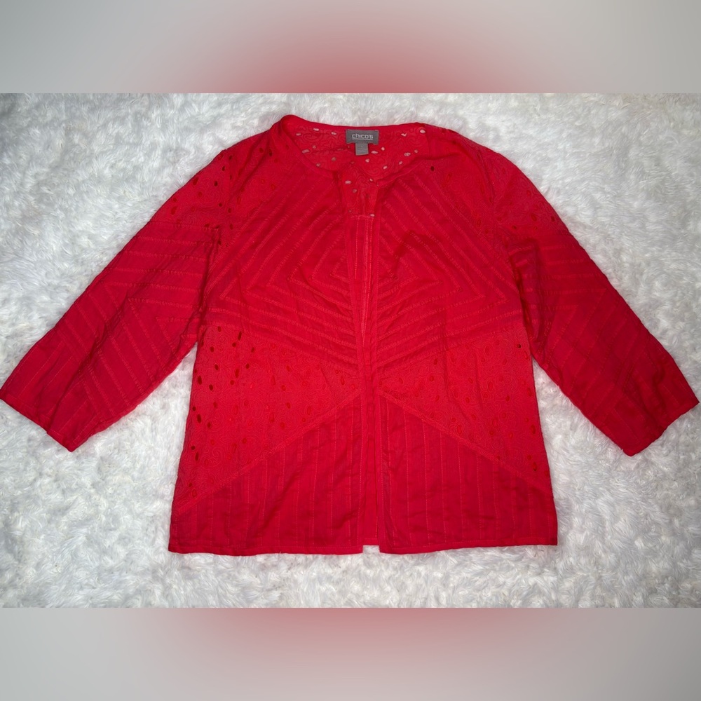 Chico's Coral Eyelet Detail Open Cardigan size 1 (Med)